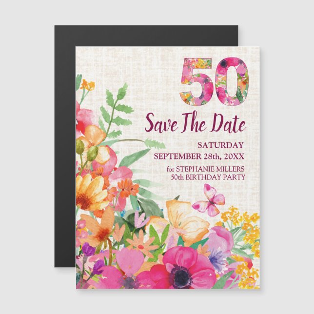 Invitation Magnétique 50 ans lin floral 50e anniversaire Enregistrer la  (Devant / Derrière)