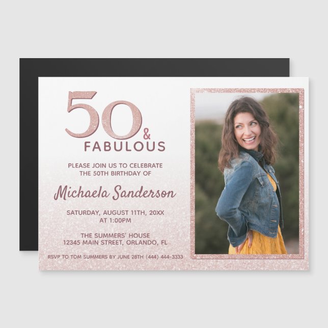 Invitation Magnétique 50 et fabuleux Rose Gold Parties scintillant Éléga (Devant / Derrière)