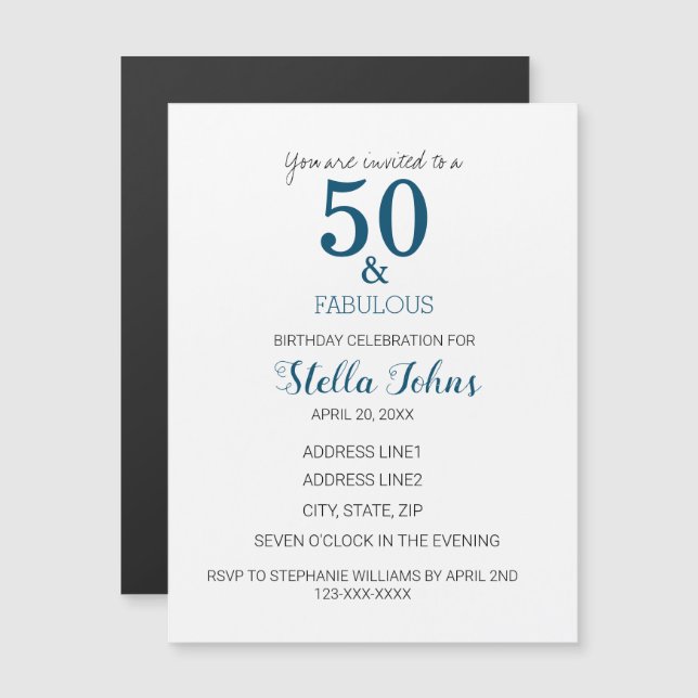 Invitation Magnétique 50 & Fabuleux anniversaire Ocean Blue Elegant Mini (Devant / Derrière)