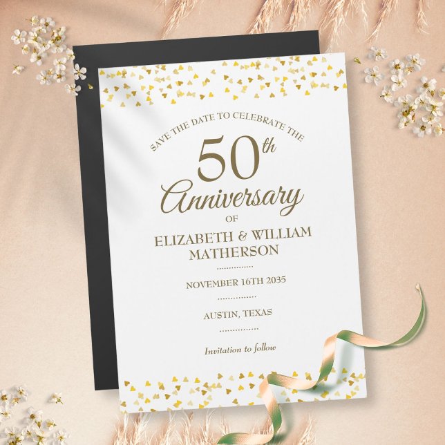 Invitation Magnétique 50e Anniversaire Coeurs d'or Sauvez la date (Créateur téléchargé)