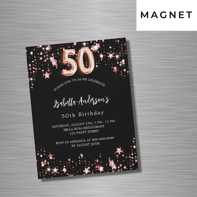 Invitation Magnétique 50e anniversaire noir rose or étoiles luxe (Créateur téléchargé)