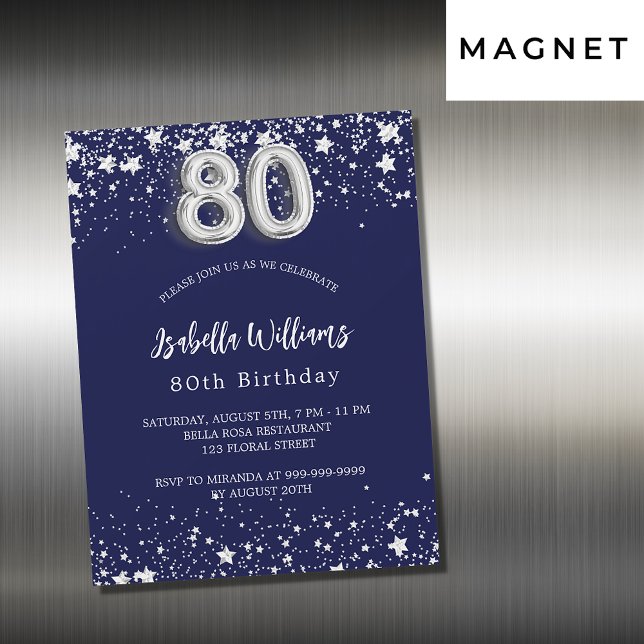 Invitation Magnétique 80e anniversaire marine bleu argent étoiles luxe (Créateur téléchargé)