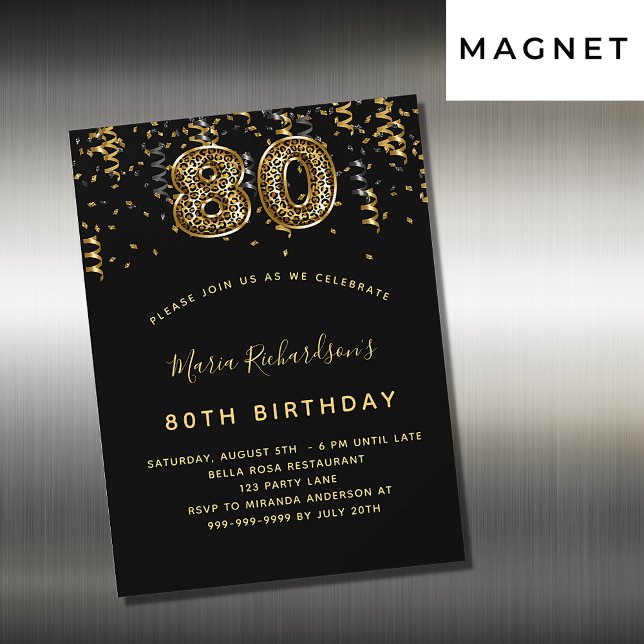 Invitation Magnétique 80e anniversaire or noir luxe empreinte de léopard (Créateur téléchargé)