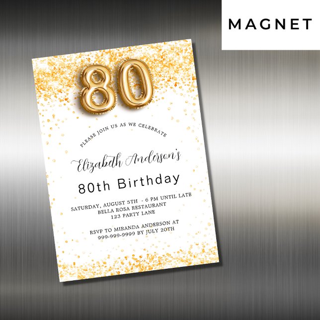 Invitation Magnétique 80e anniversaire parties scintillant or blanc luxe (Créateur téléchargé)