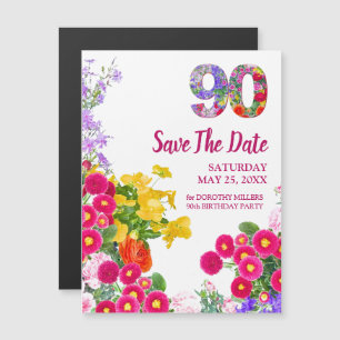 Invitation Magnétique 90e anniversaire Floral Moderne Enregistrer la dat