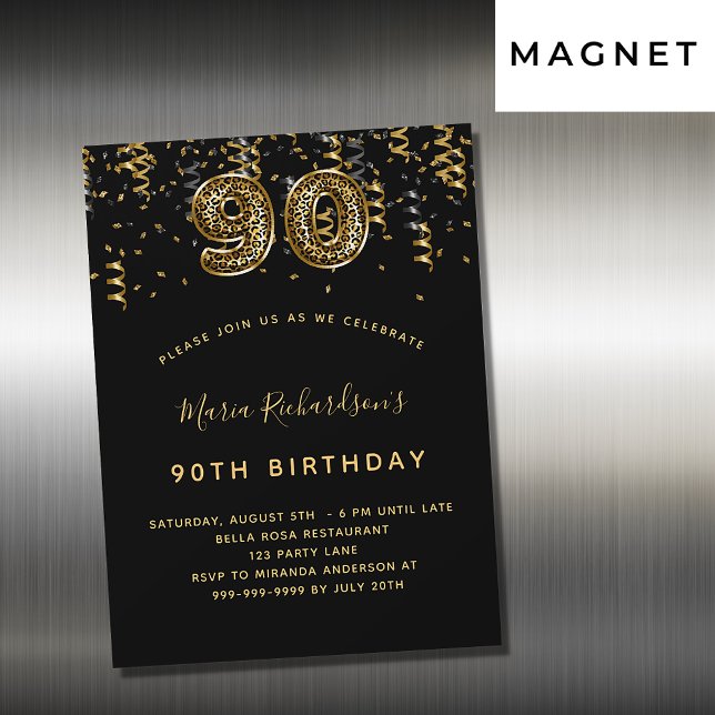 Invitation Magnétique 90e anniversaire or noir luxe empreinte de léopard (Créateur téléchargé)