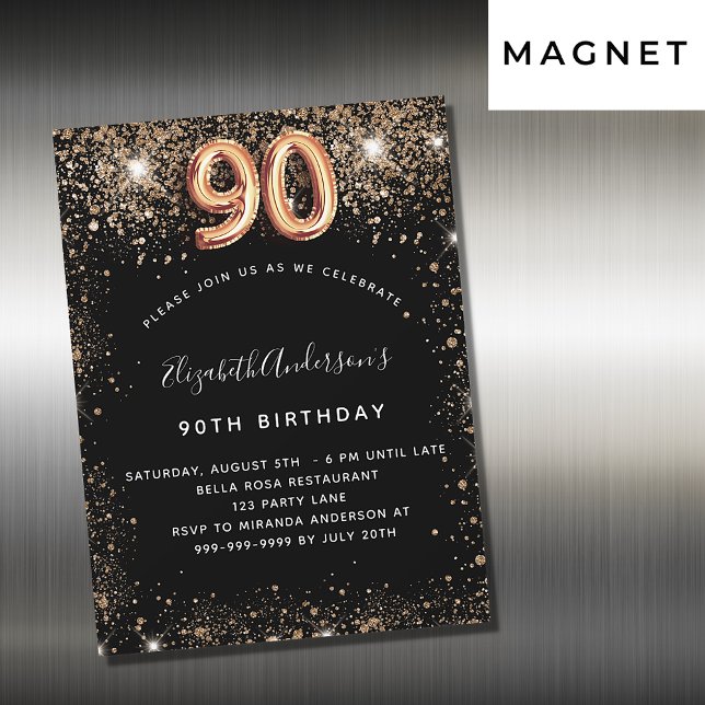 Invitation Magnétique 90e anniversaire parties scintillant d'or noir sci (Créateur téléchargé)