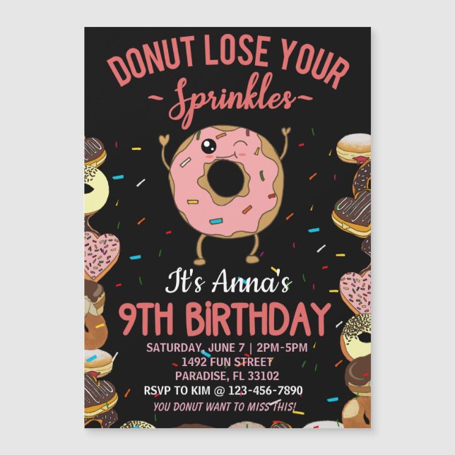 Invitation Magnétique 9e anniversaire Donut Perdre vos asperges filles I (Devant)
