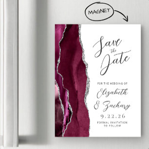 Invitation Magnétique Agate Burgundy Argent Script Enregistrer la date
