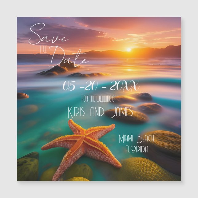 Invitation Magnétique Aimante Étoile de Mer Sauvegarder la Date Plage (Devant)
