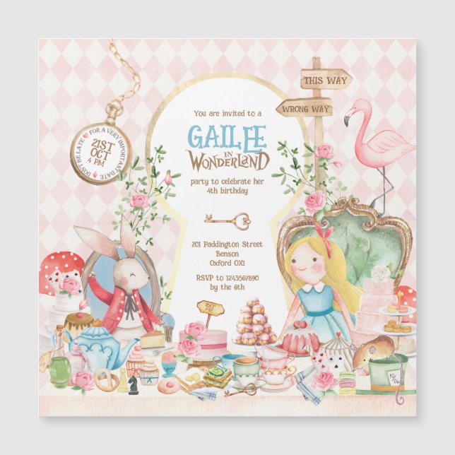 Invitation Magnétique Alice Aventures dans Woderland Anniversaire Tea Pa (Devant)