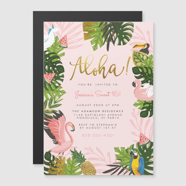 Invitation Magnétique Aloha ! | Hawaiian Tropical Summer Flamant rose Pa (Devant / Derrière)