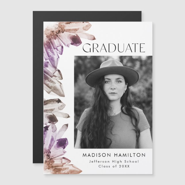 Invitation Magnétique Améthyste Aquarelle cristaux Photo Graduation (Devant / Derrière)