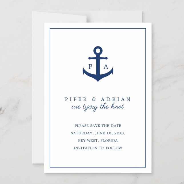 Invitation Magnétique Ancre bleu marine Monogramme Enregistrer la date (Recto)