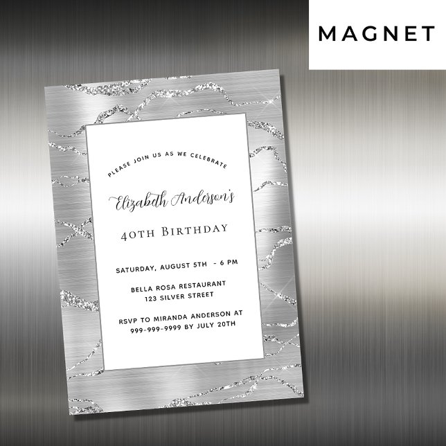 Invitation Magnétique Anniversaire argent blanc élégant luxe (Créateur téléchargé)