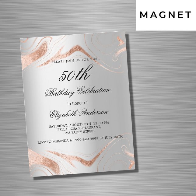 Invitation Magnétique Anniversaire argent rose or marbre luxe (Créateur téléchargé)