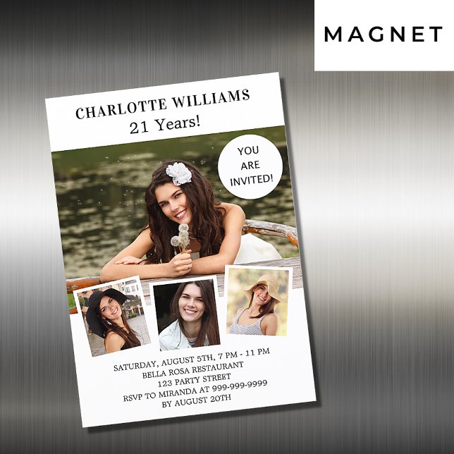 Invitation Magnétique Anniversaire blanc photo collage luxe (Créateur téléchargé)