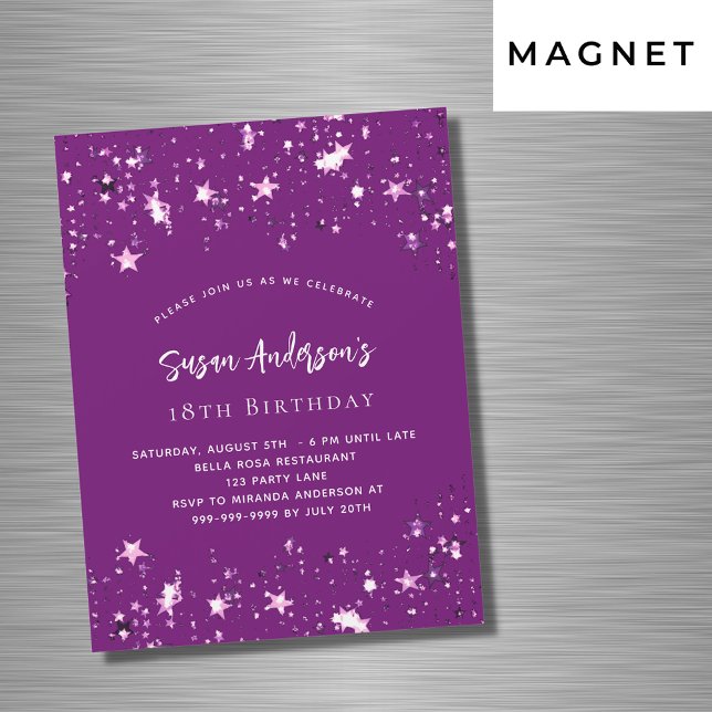 Invitation Magnétique Anniversaire de luxe des étoiles violettes (Créateur téléchargé)
