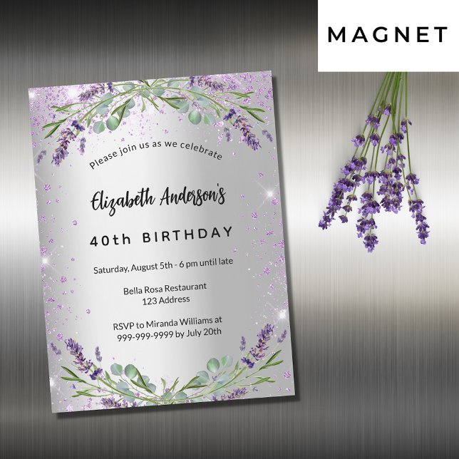 Invitation Magnétique Anniversaire lavande argent eucalyptus luxe (Créateur téléchargé)