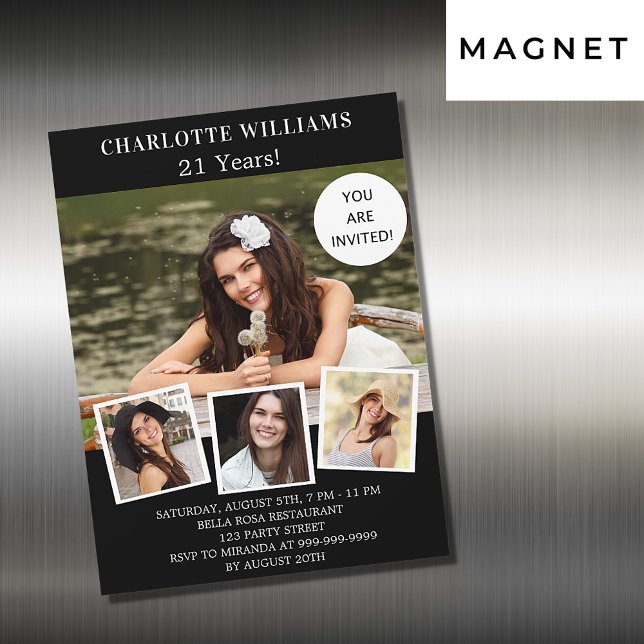 Invitation Magnétique Anniversaire noir blanc photo collage luxe (Créateur téléchargé)