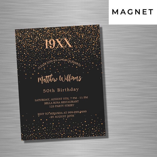 Invitation Magnétique Anniversaire noir confetti année naissance luxe (Créateur téléchargé)