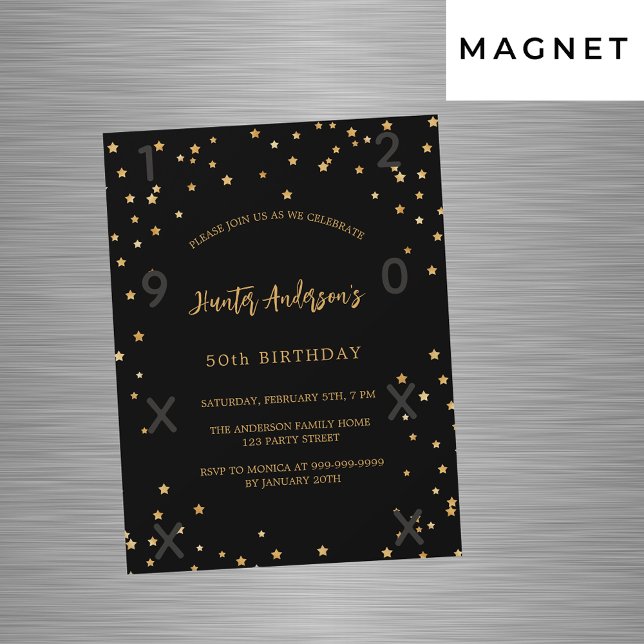 Invitation Magnétique Anniversaire noir étoiles années luxe (Créateur téléchargé)