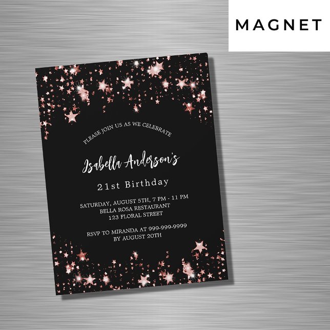 Invitation Magnétique Anniversaire noir rose or étoiles luxe (Créateur téléchargé)