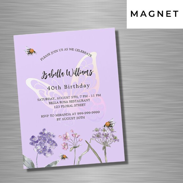 Invitation Magnétique Anniversaire papillon violet fleur sauvage luxe ro (Créateur téléchargé)
