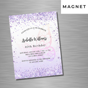 Invitation Magnétique Anniversaire papillon violet lavande script luxe