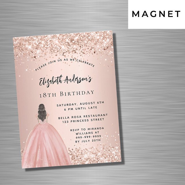 Invitation Magnétique Anniversaire rose or parties scintillant princesse (Créateur téléchargé)