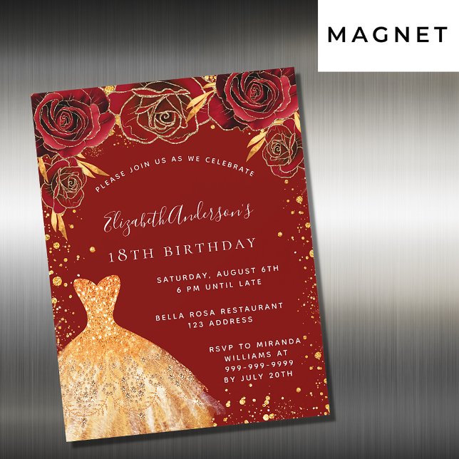Invitation Magnétique Anniversaire rouge or parties scintillant robe lux (Créateur téléchargé)