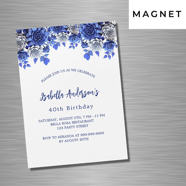 Invitation Magnétique Anniversaire royal bleu fleurs blanches luxe (Créateur téléchargé)