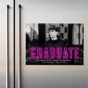 Invitation Magnétique Annonce de remise de diplôme photo néon magenta mo