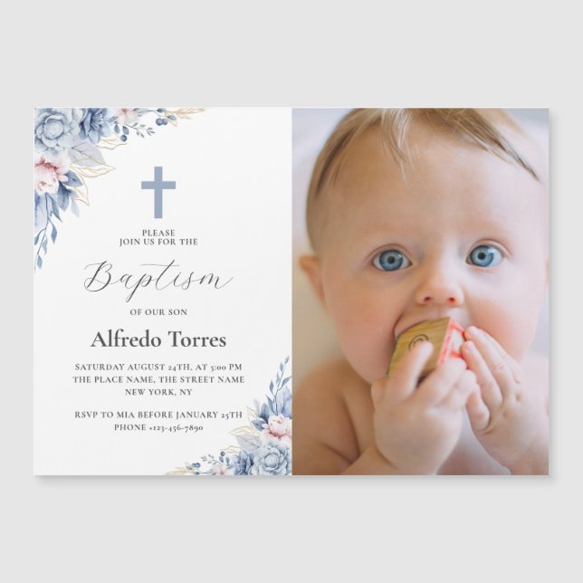 Invitation Magnétique Aquarelle Bleu Dusty Floral Bébé Photo Baptême (Devant)