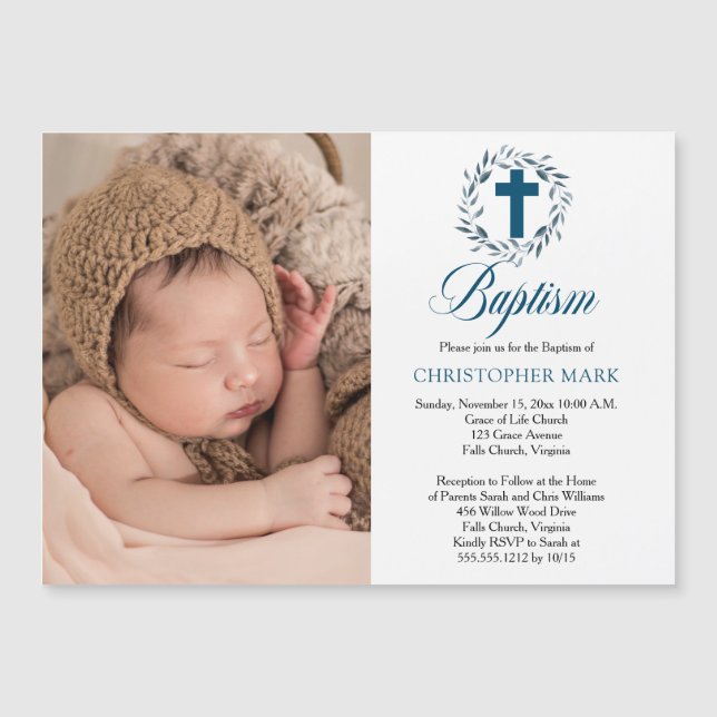 Invitation Magnétique Aquarelle bleu Feuille Wreath Boy Photo Baptême Ma (Devant)