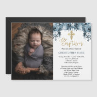 Aquarelle bleu Floral Faux Gold Boy Photo Baptême