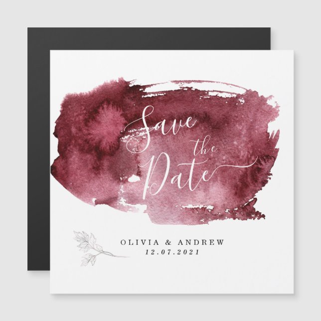 Invitation Magnétique Aquarelle bordeaux minimale Botanique (Devant / Derrière)