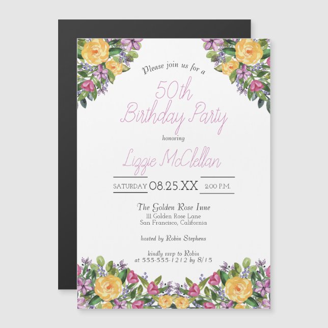 Invitation Magnétique Aquarelle Bouquets floraux 50e fête d'anniversaire (Devant / Derrière)