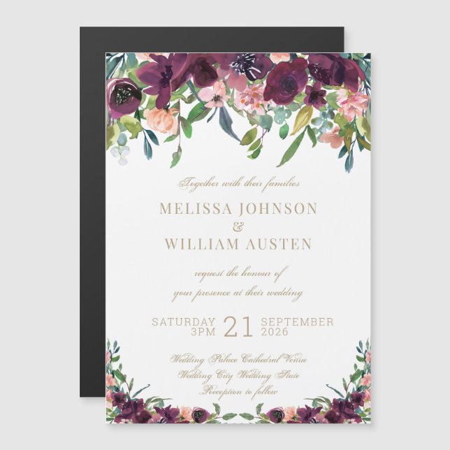 Invitation Magnétique Aquarelle Bourgogne ivoire Mariage floral (Devant / Derrière)