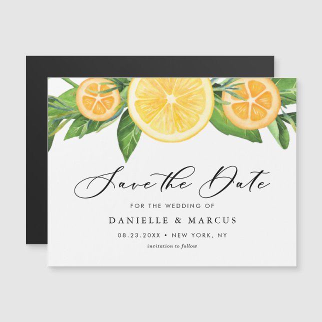 Invitation Magnétique Aquarelle Citrons et Oranges Été Enregistrer la da (Devant / Derrière)