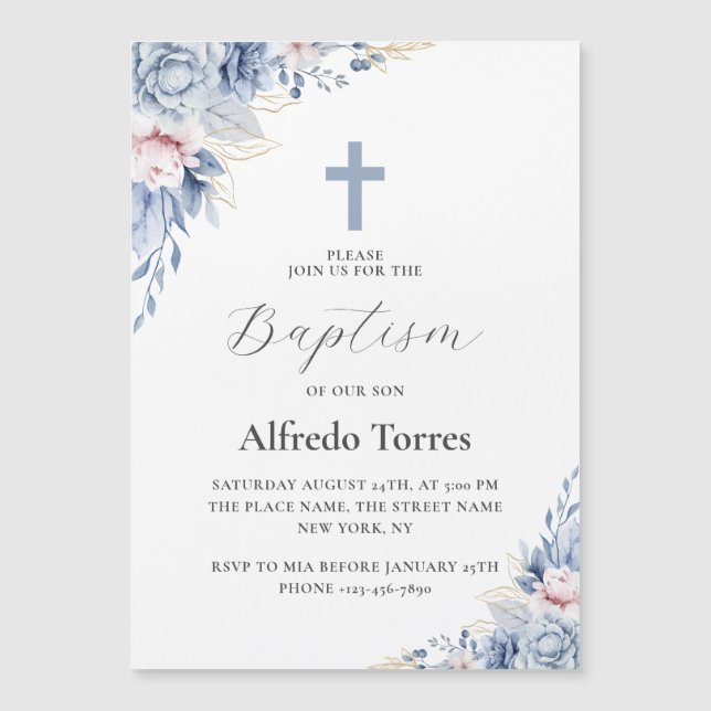 Invitation Magnétique Aquarelle Elégante Dusty Blue Floral Baby Baptism (Devant)