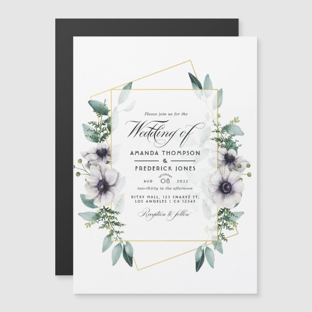 Invitation Magnétique Aquarelle Eucalyptus Anémonique Mariage géométriqu (Devant / Derrière)