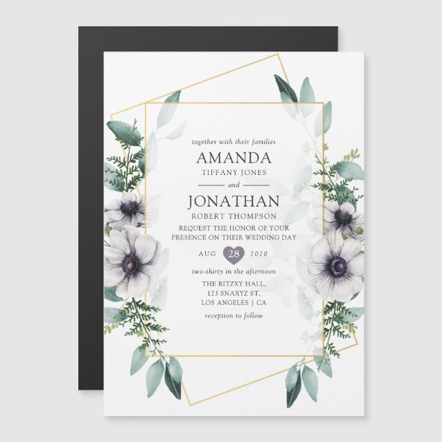 Invitation Magnétique Aquarelle Eucalyptus Anémonique Mariage géométriqu (Devant / Derrière)