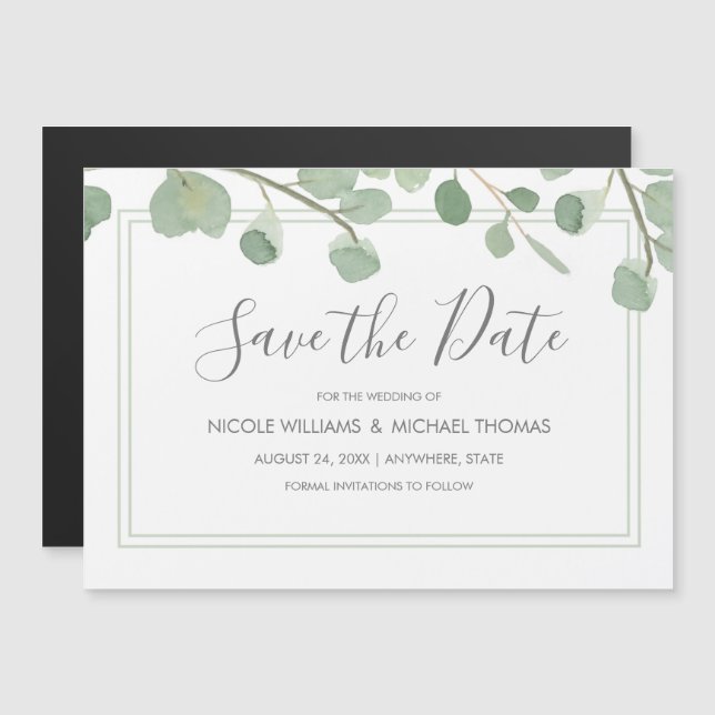 Invitation Magnétique Aquarelle Eucalyptus Enregistrer la date (Devant / Derrière)