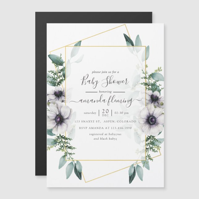 Invitation Magnétique Aquarelle Eucalyptus Floral Baby shower géométriqu (Devant / Derrière)
