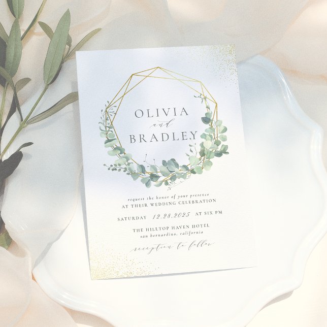 Invitation Magnétique Aquarelle Eucalyptus Gold Mariage de cadre géométr (Créateur téléchargé)