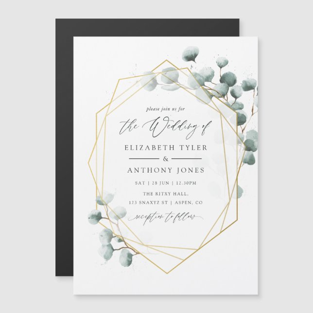 Invitation Magnétique Aquarelle Eucalyptus Mariage géométrique (Devant / Derrière)