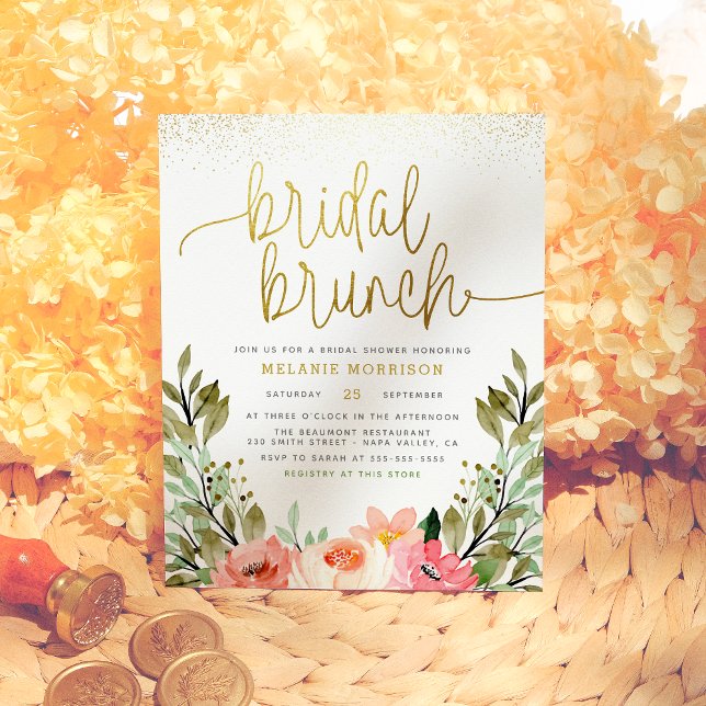 Invitation Magnétique Aquarelle Floral Gold Fête des mariées de brunch (Créateur téléchargé)