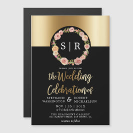 Invitation Magnétique Aquarelle florale Wreath Gold & Black Mariage