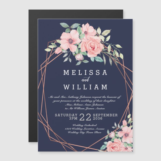 Invitation Magnétique Aquarelle géométrique en cuivre de marine Mariage  (Devant / Derrière)